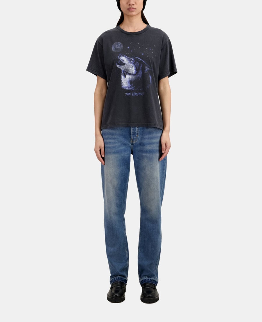 The Kooples F BLACK WASHED women's black t-shirt with wolf serigraphy