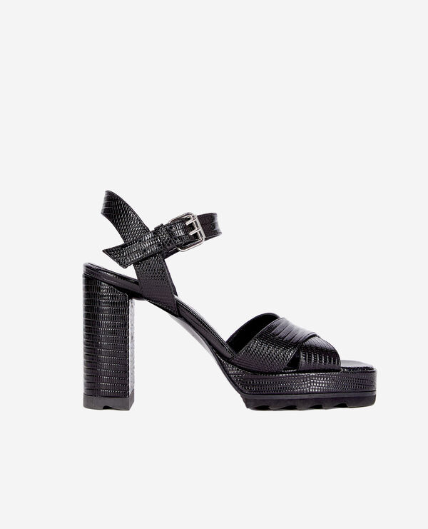black lizard effect leather heeled sandals