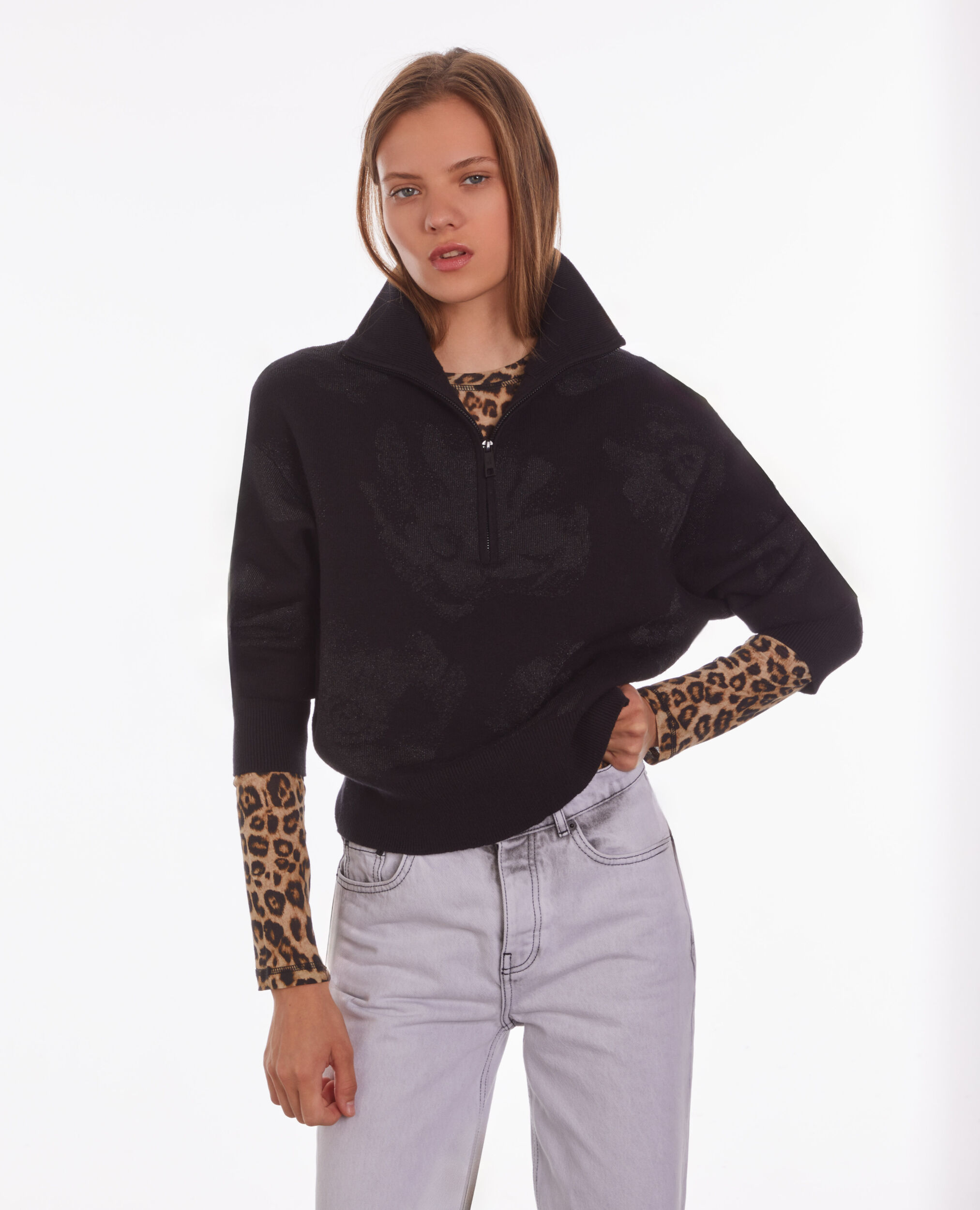 Black wool-blend sweater with lurex patterns, BLACK/BLACK, hi-res image number null