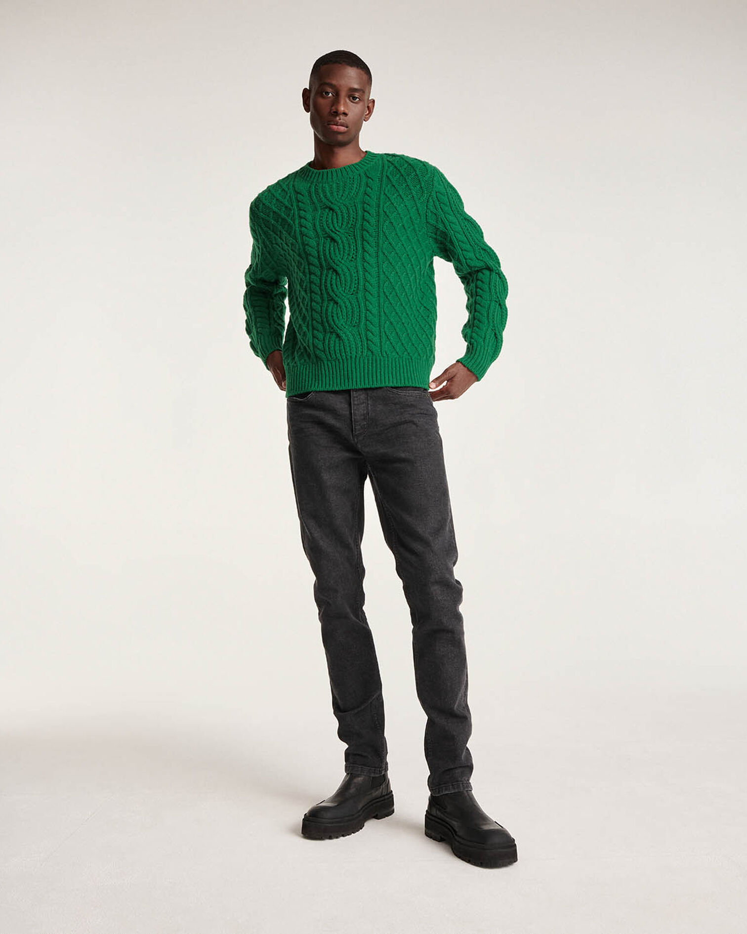 Green wool cable knit sweater, FOREST, hi-res image number null