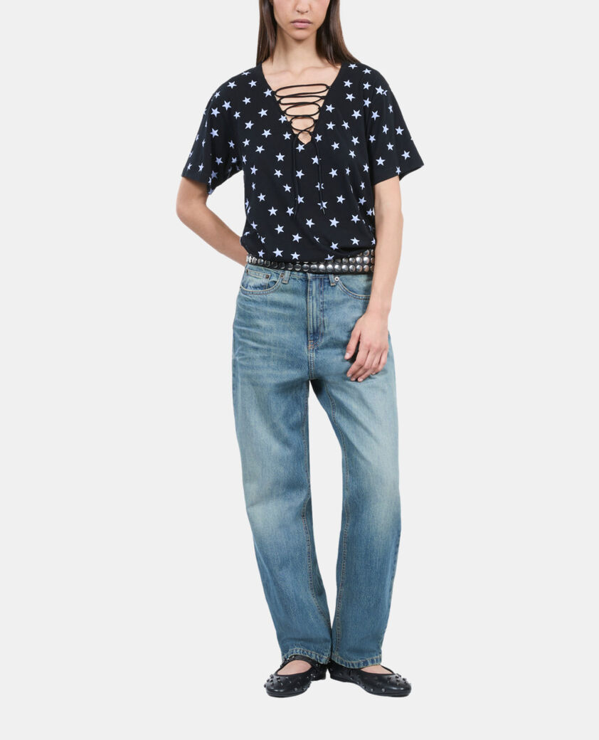 The Kooples DAMEN BLACK WASHED schwarzes t-shirt mit sterne-print