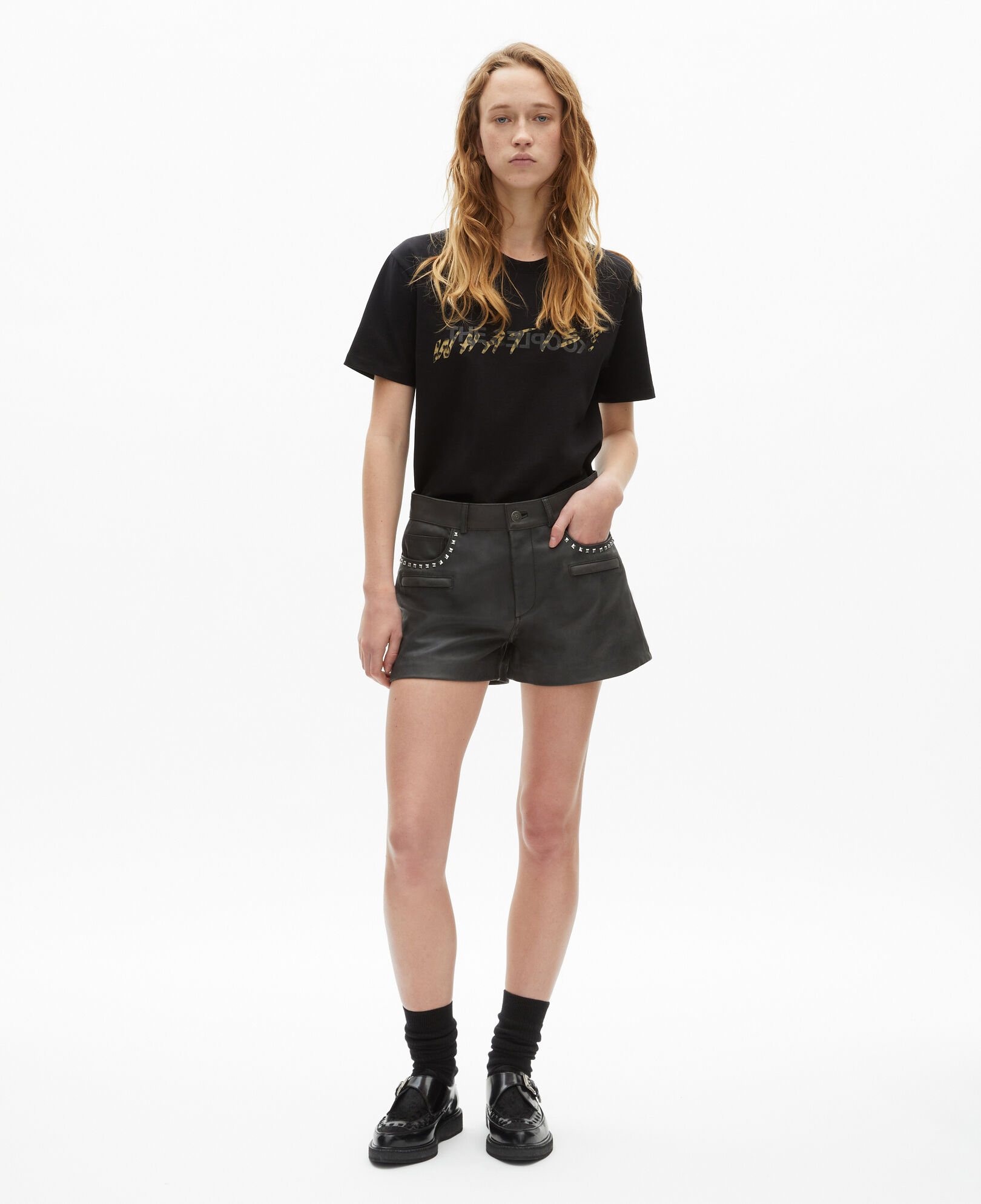 The Kooples FEMME BLACK STONE short en cuir noir