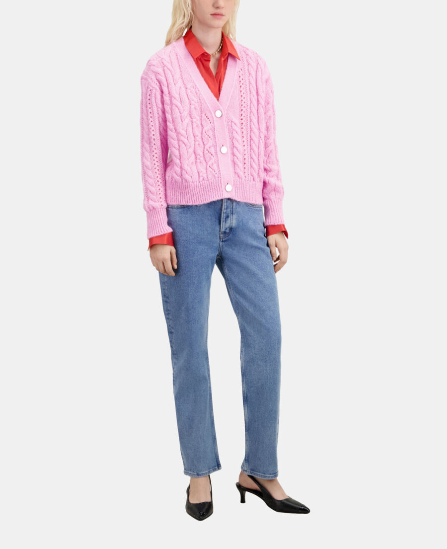 The Kooples FEMME PINK cardigan en m&eacute;lange de laine torsad&eacute; rose