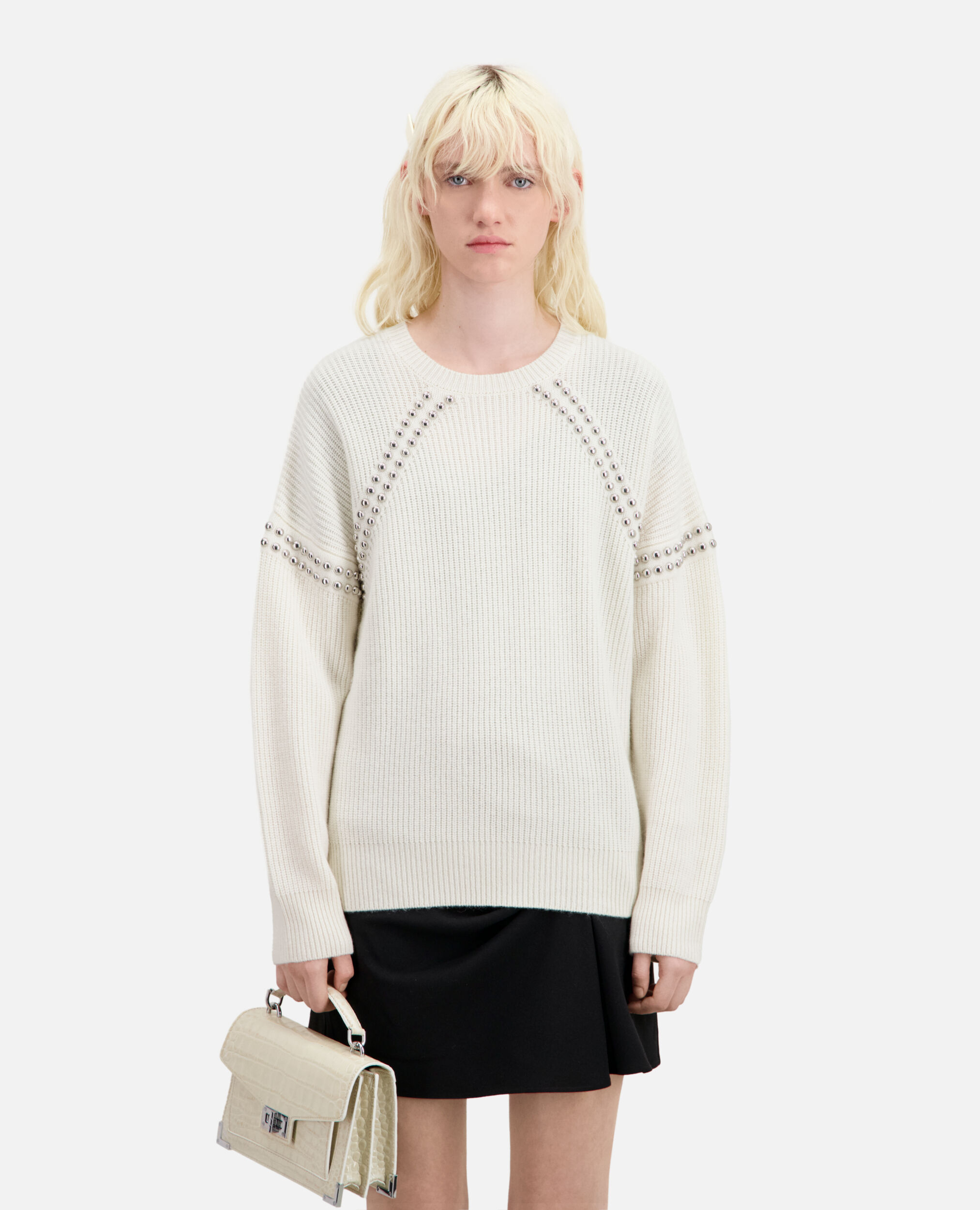 Ecru ribbed wool and cashmere sweater with studs, ECRU, hi-res image number null