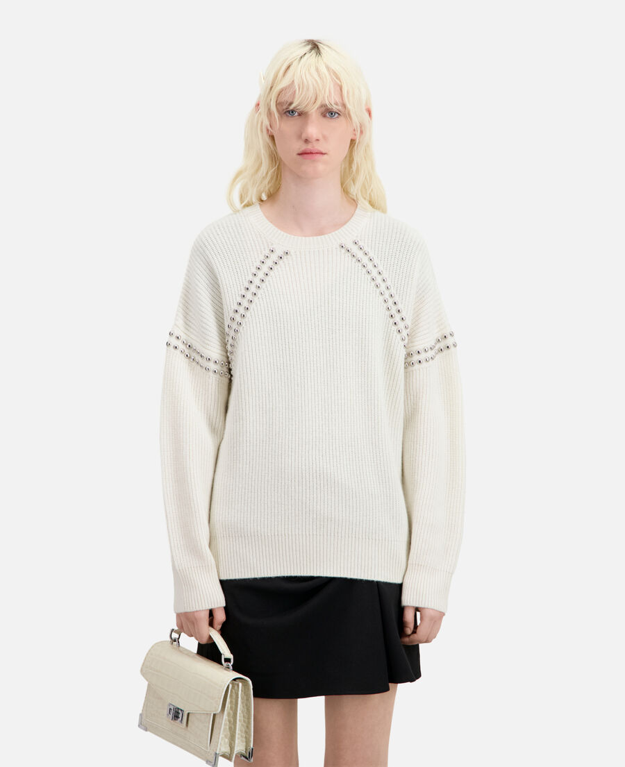 ecru ribbed wool and cashmere sweater with studs