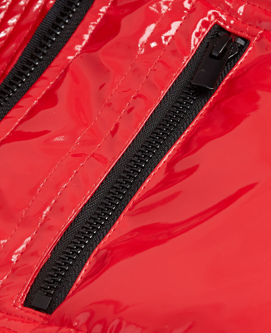 red oversized vinyl down jacket with straps and logo