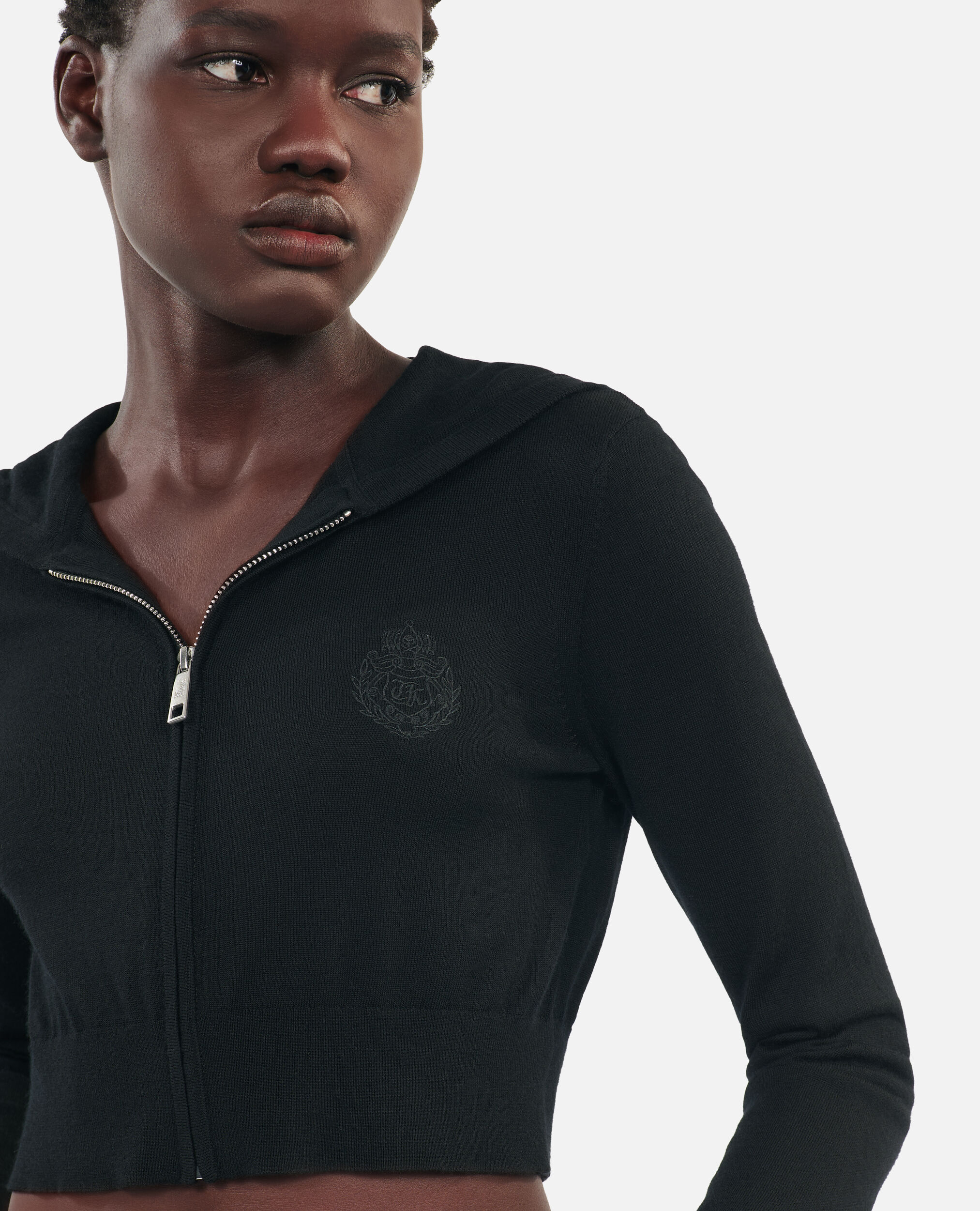 Black wool hooded cardigan, BLACK, hi-res image number null