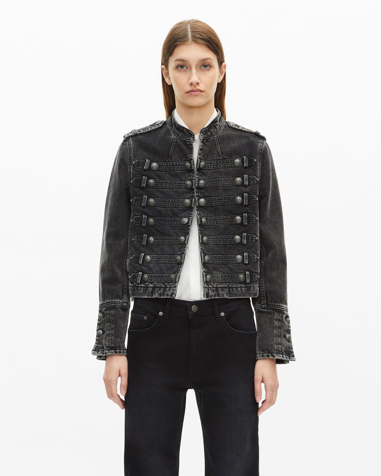 The Kooples WOMEN BLACK WASHED grey denim officer-style jacket