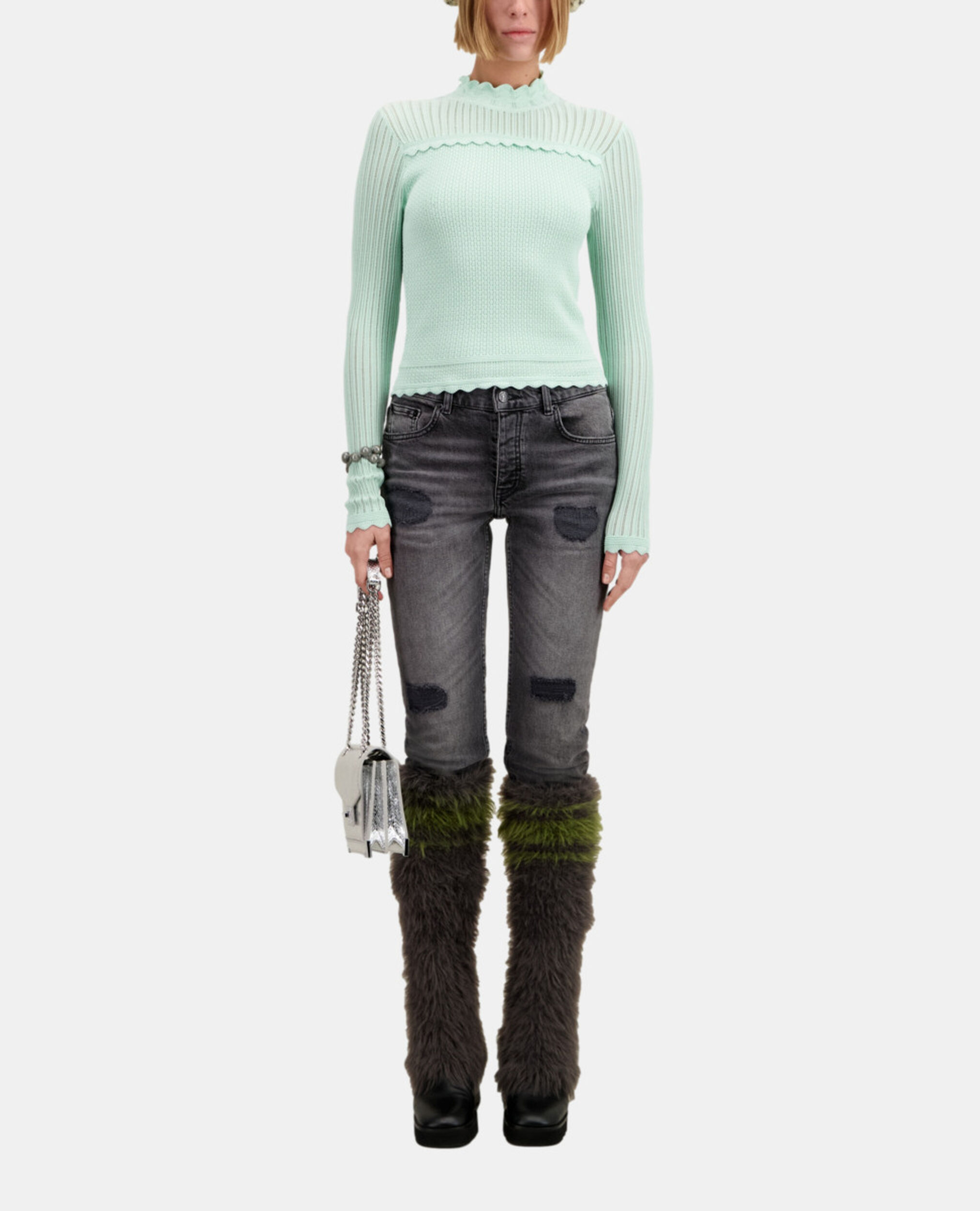 Cropped almond green sweater in openwork knit, OCEAN, hi-res image number null