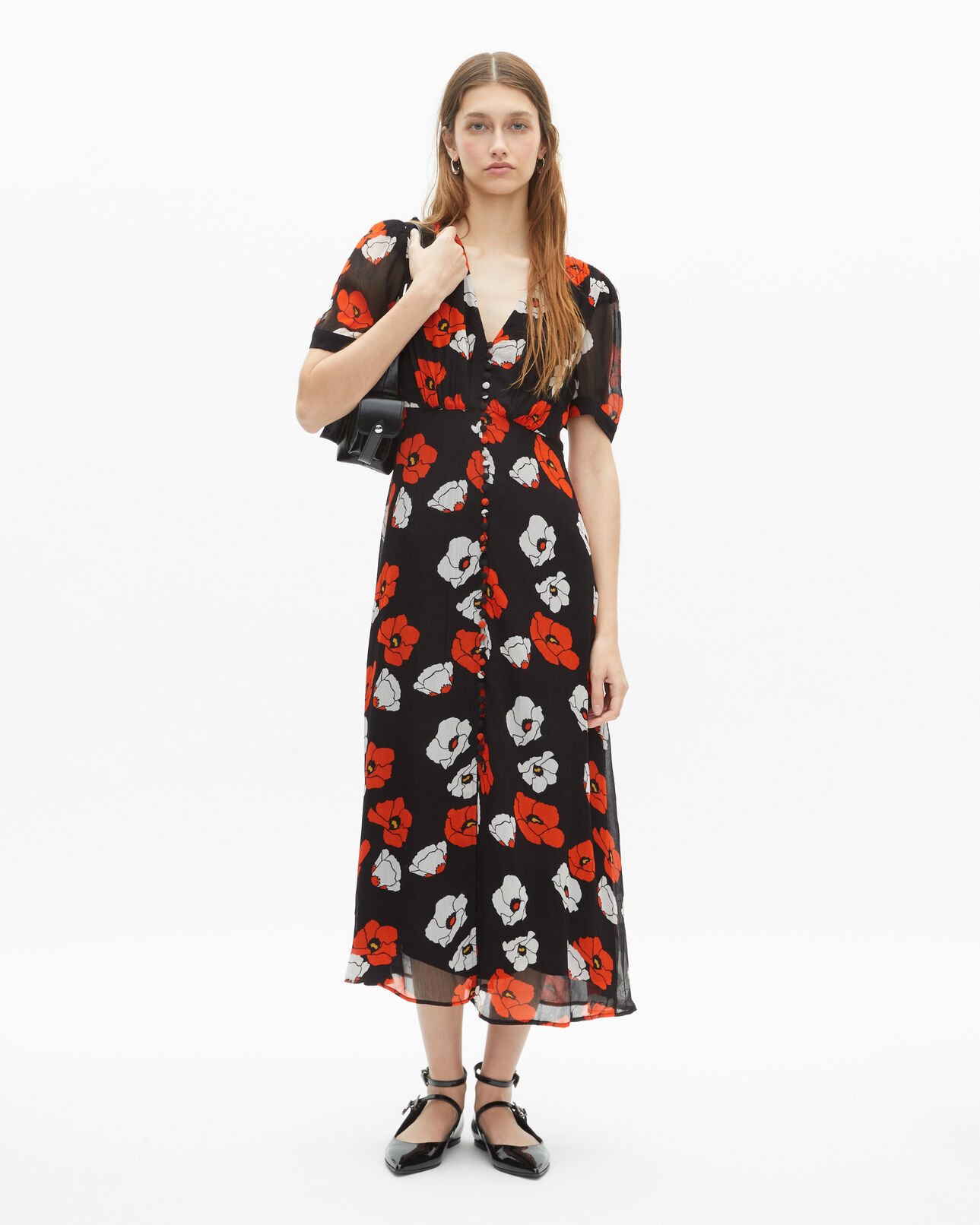The Kooples FEMME BLACK RED OFF WHITE robe longue imprimé fleuri noire