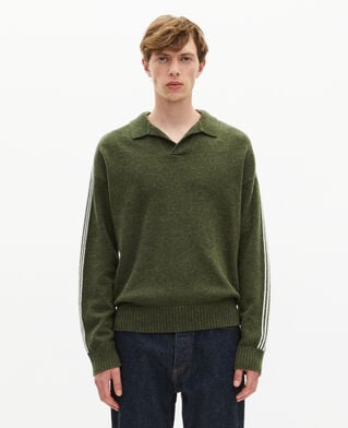 The Kooples MEN GREEN polo neck wool sweater with contrasting khaki stripes