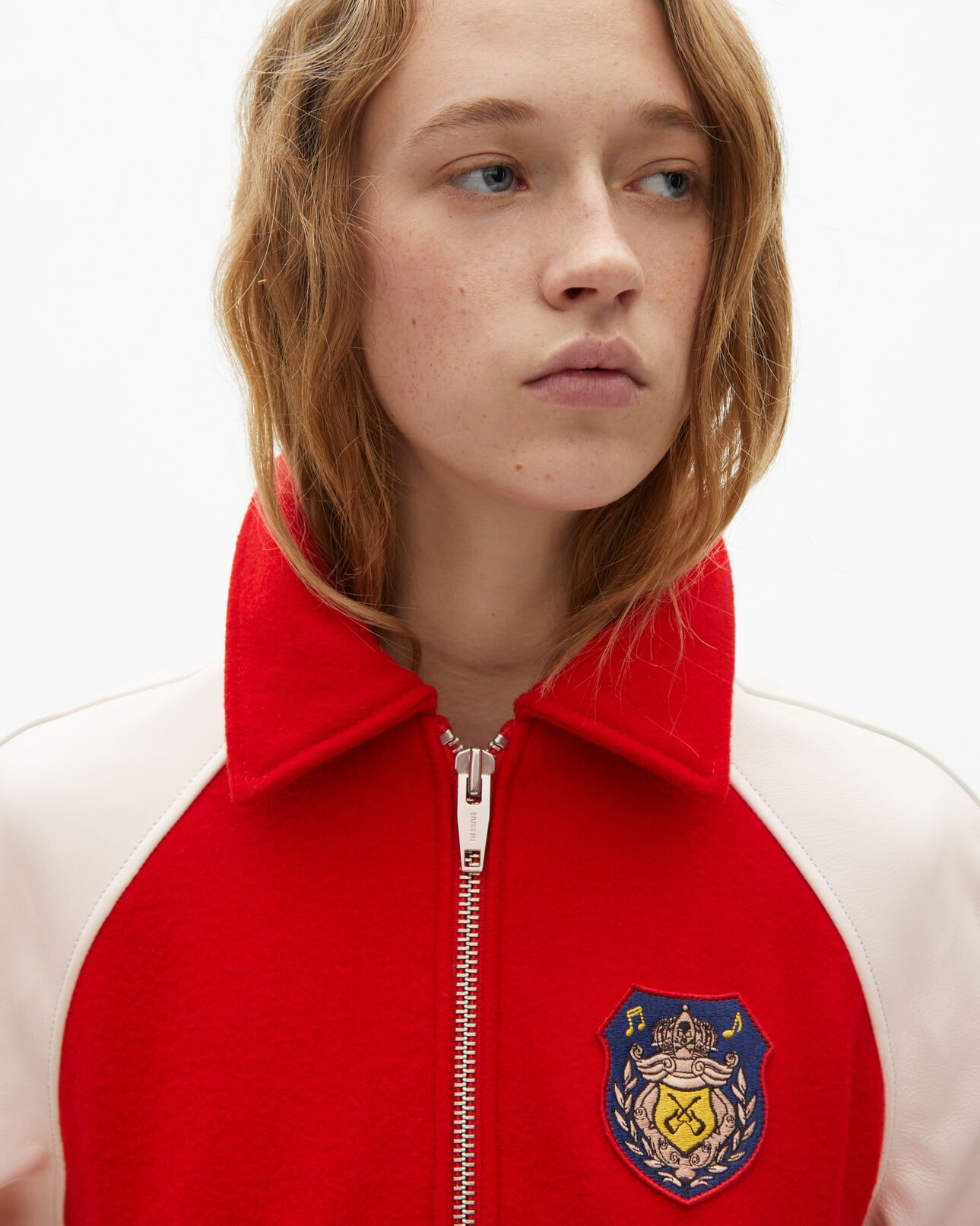 The Kooples FEMME RED / WHITE blouson en laine et cuir rouge et blanc