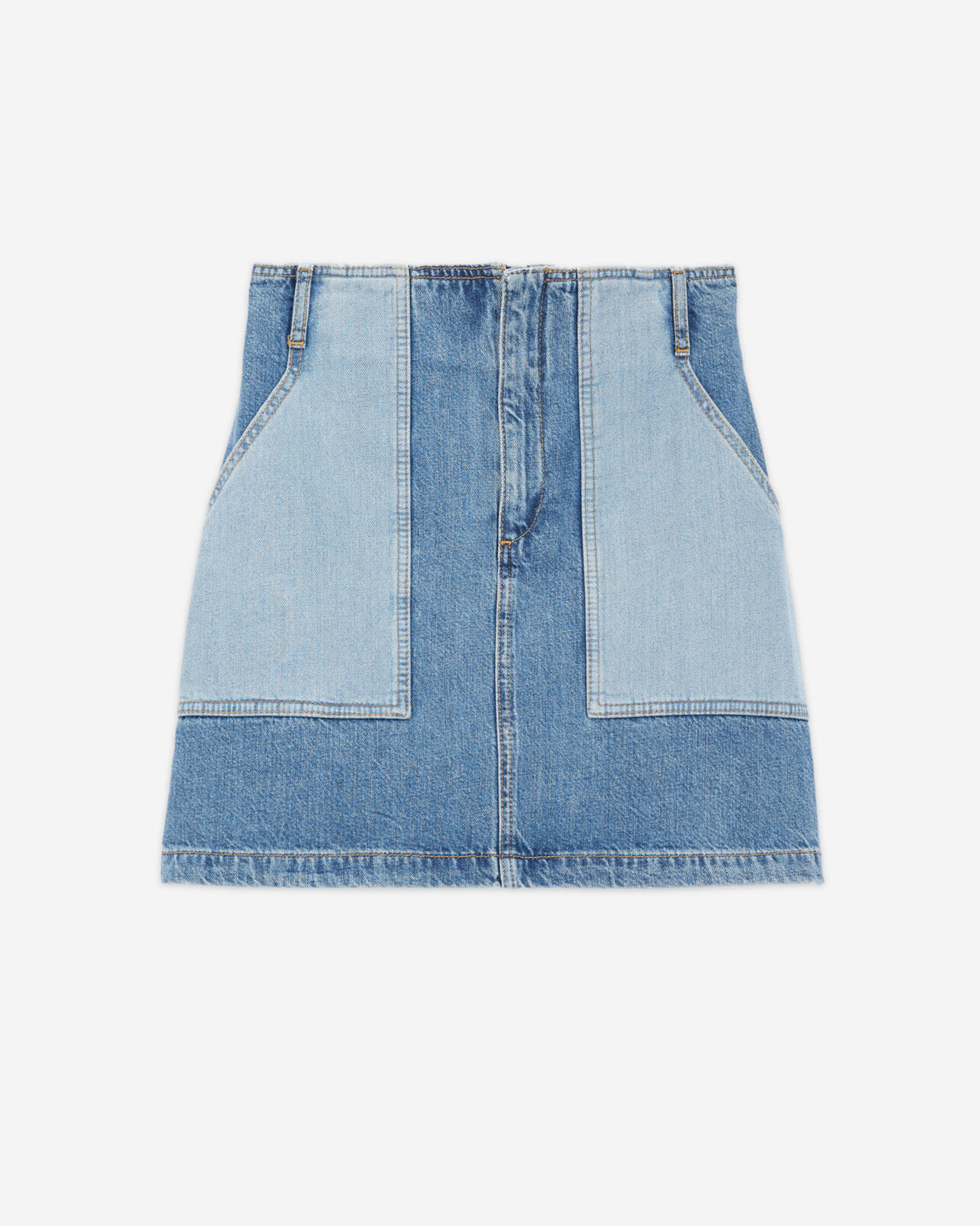 The Kooples FEMME BLUE WASHED jupe courte en jean poches patchwork