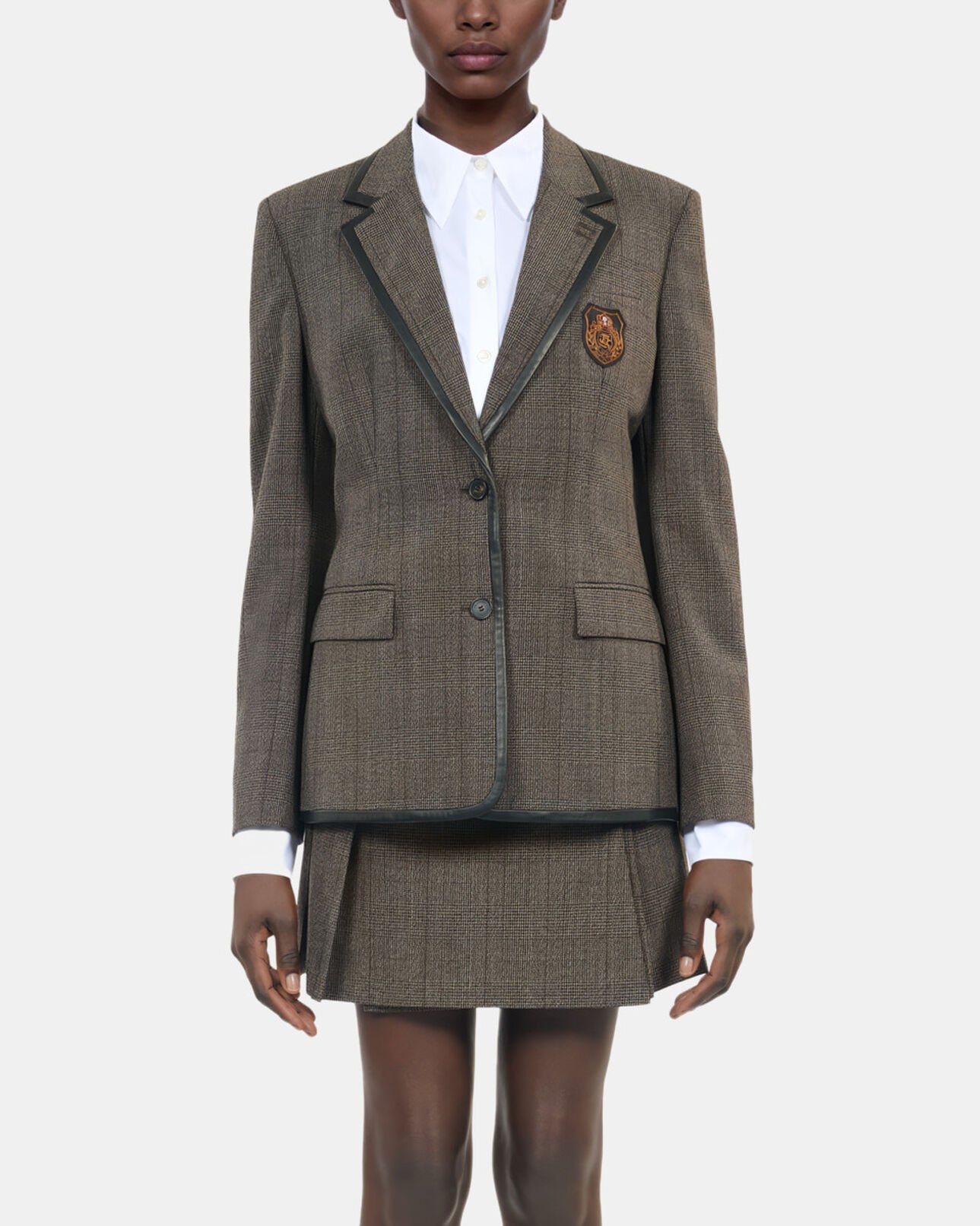 The Kooples WOMEN BROWN prince of wales jacket in brown wool