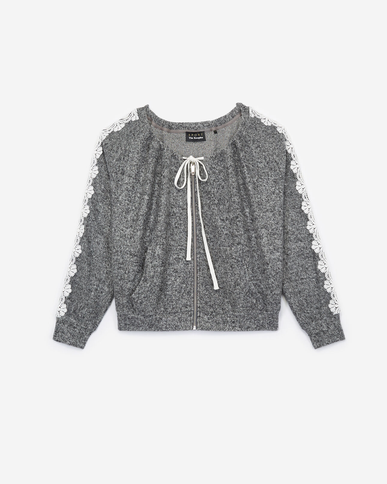 The Kooples FEMME GREY MELANGE sweat en molleton à incrustations dentelle