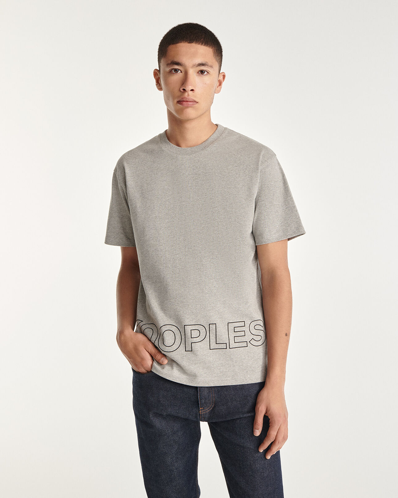 The Kooples HOMME MIDDLE GREY MELANGE t-shirt gris coton à imprimé the kooples