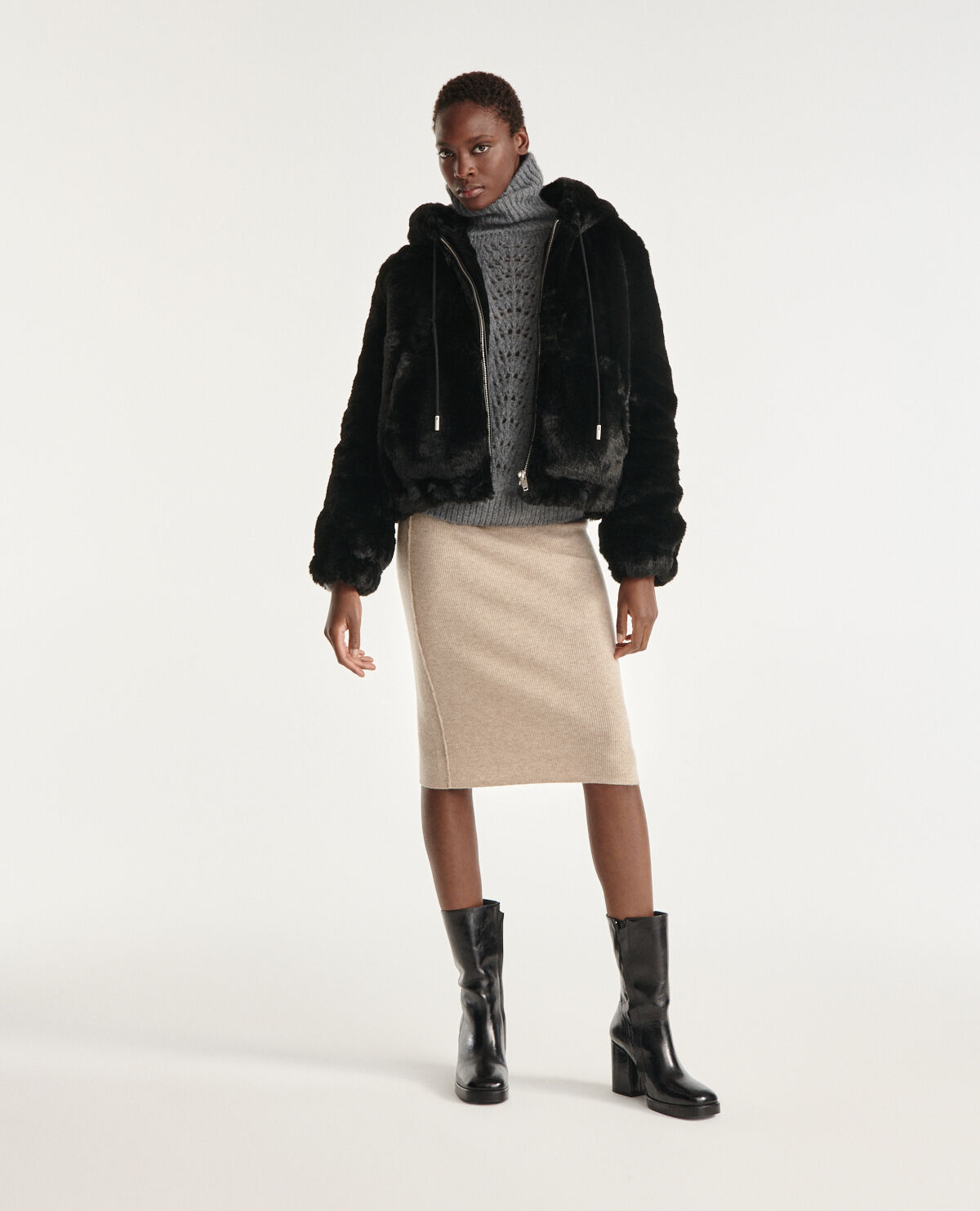 Black faux fur coat with reversible hood The Kooples
