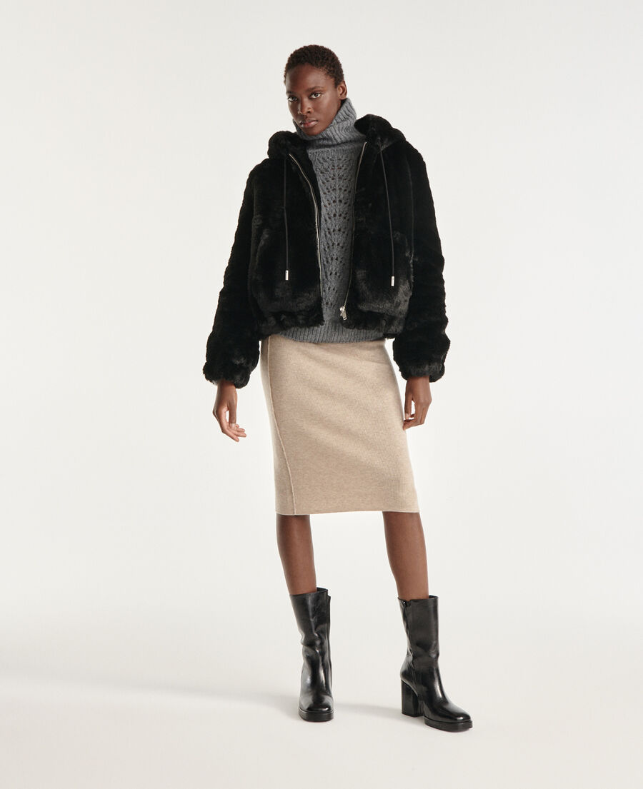 Black faux fur coat with reversible hood | The Kooples