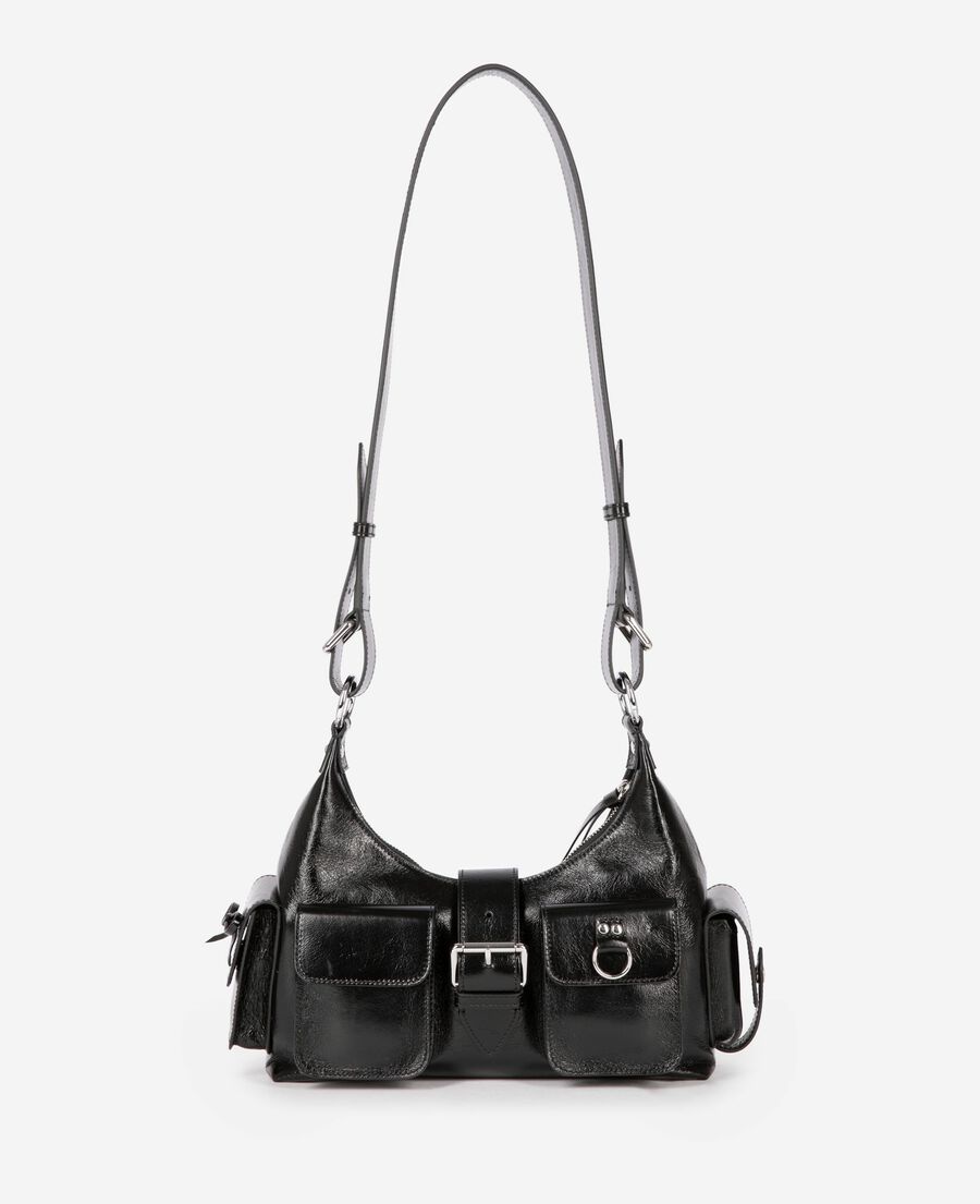 The Kooples F BLACK amelia bag strap in black cracked leather