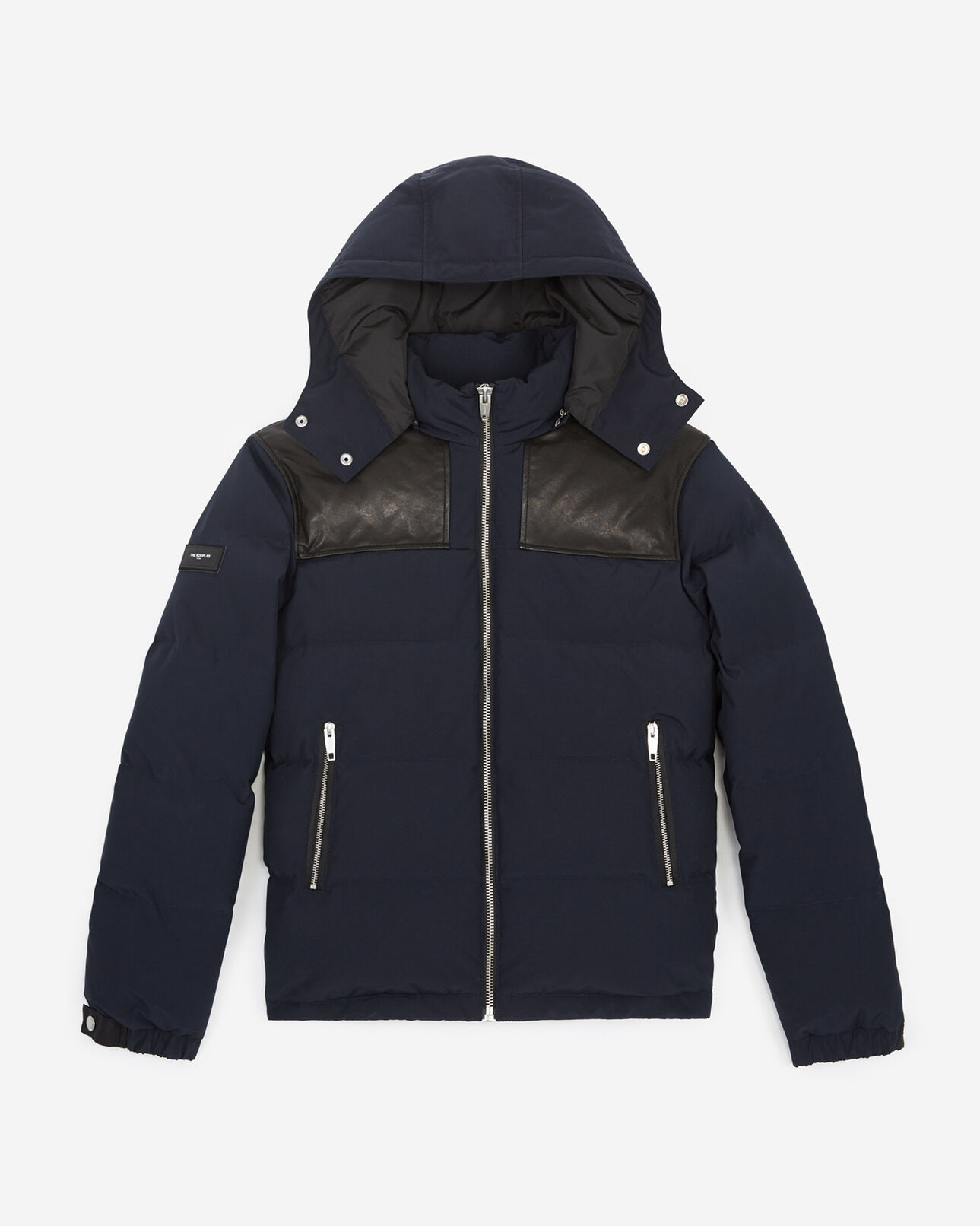 The Kooples HOMME NAVY / BLACK doudoune avec col en cuir et capuche fourree