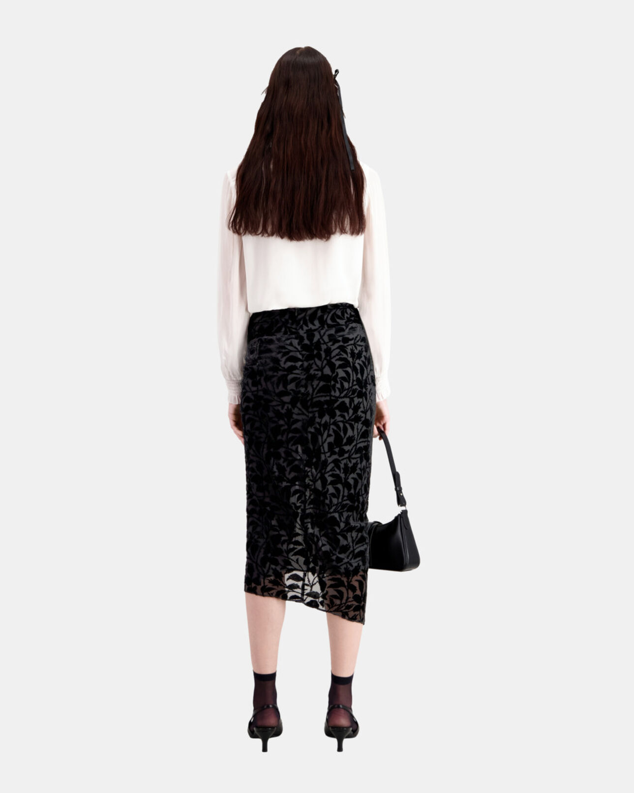 The Kooples DAMEN BLACK halblanger schwarzer rock aus devoré-samt