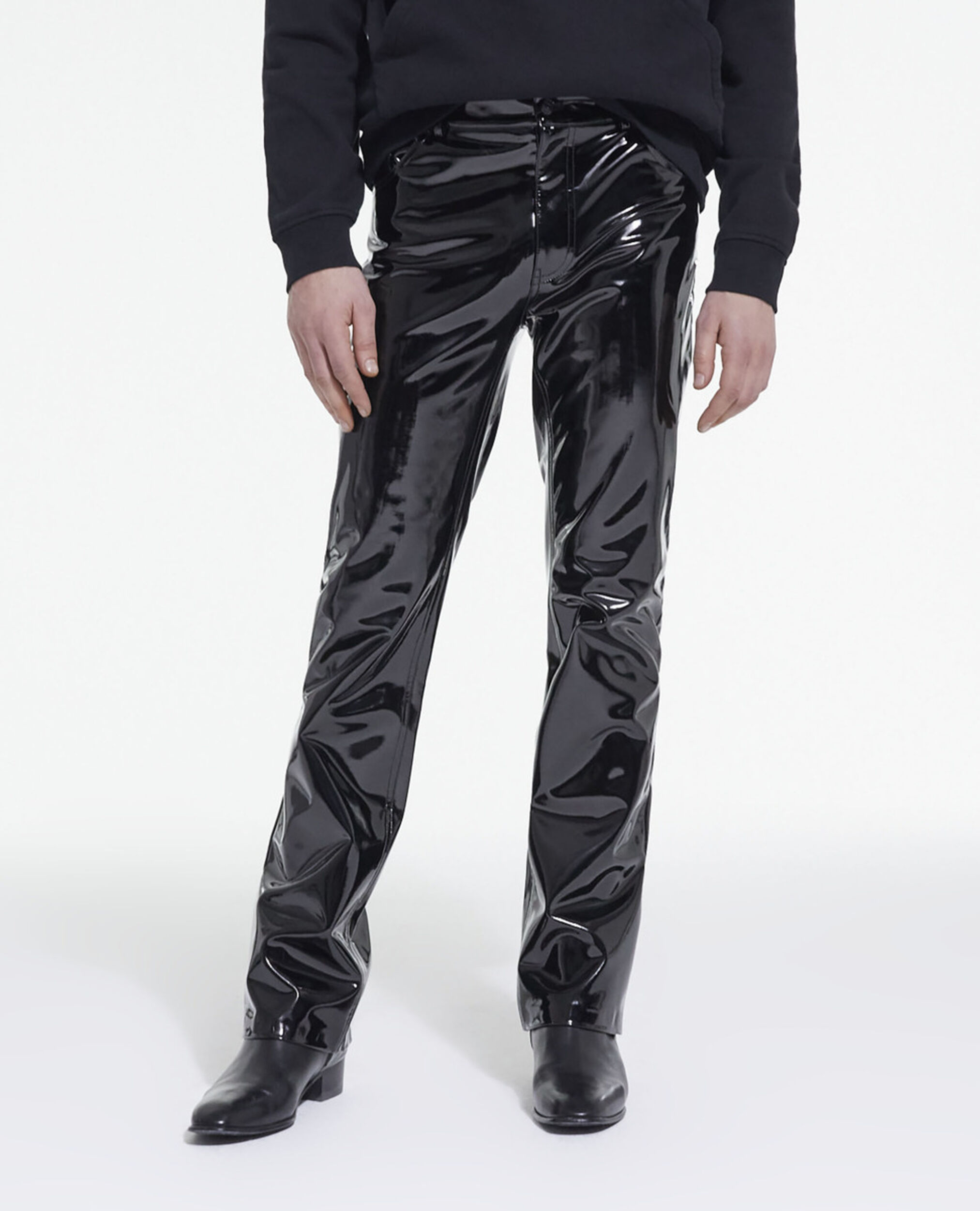 Schwarze Jeans mit Leder- und Vinyloptik, BLACK, hi-res image number null