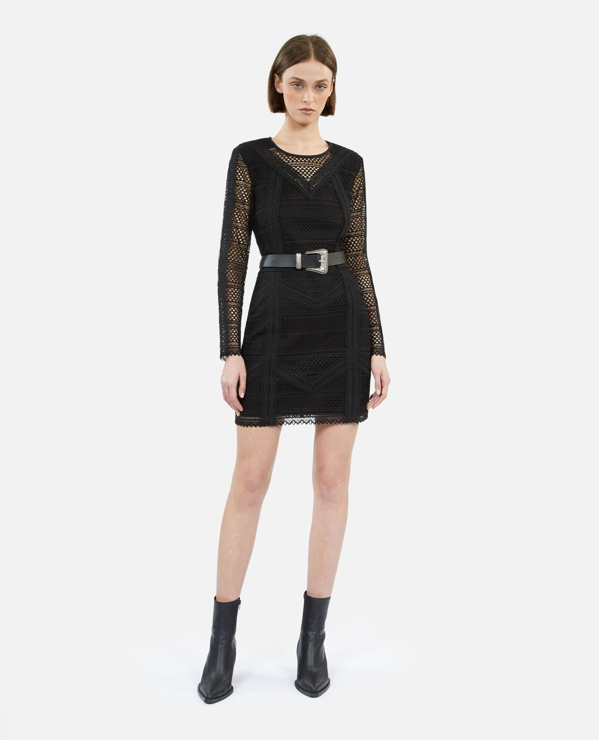 Short black guipure dress, BLACK, hi-res image number null
