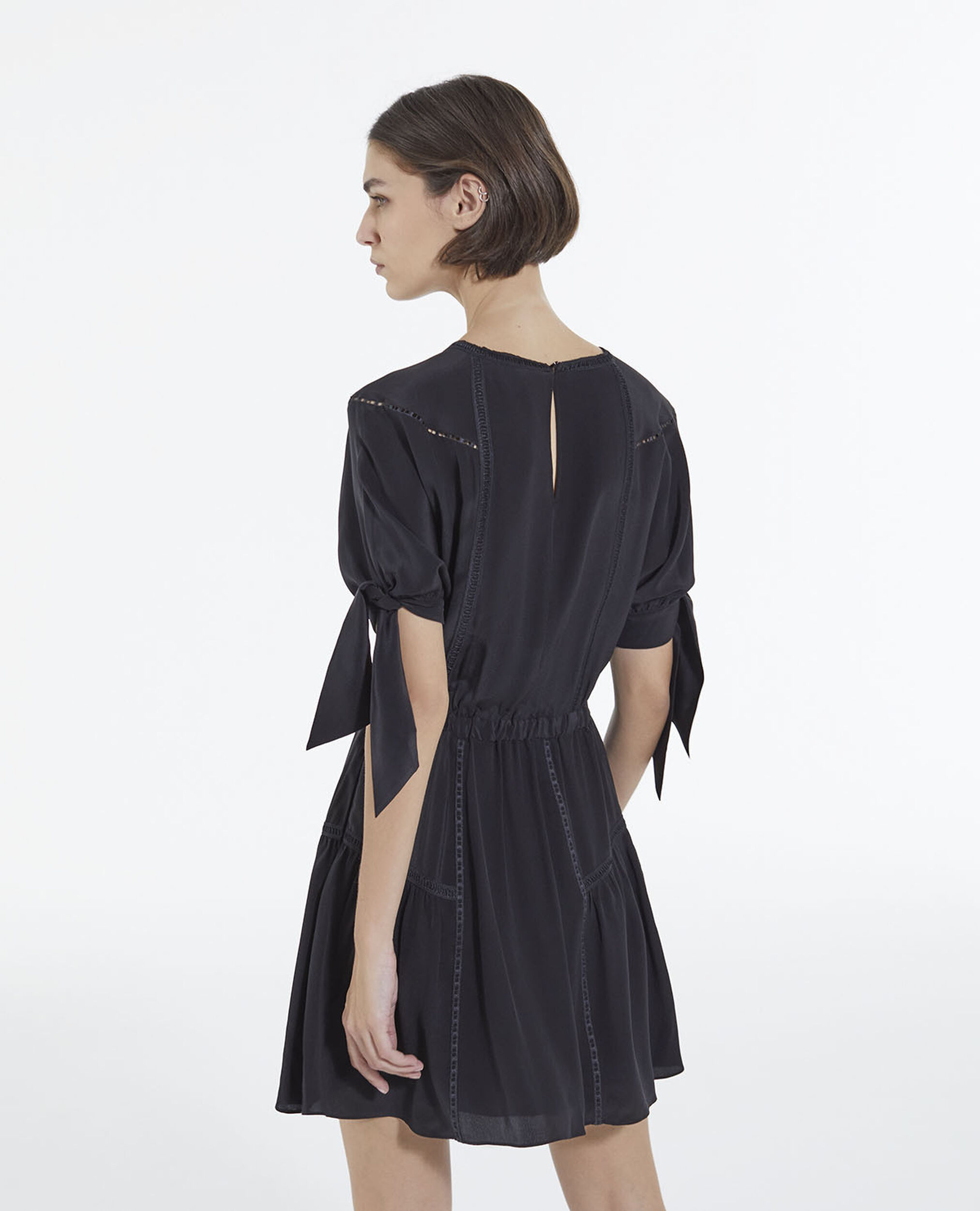 Short black silk dress with knotted sleeves | The Kooples