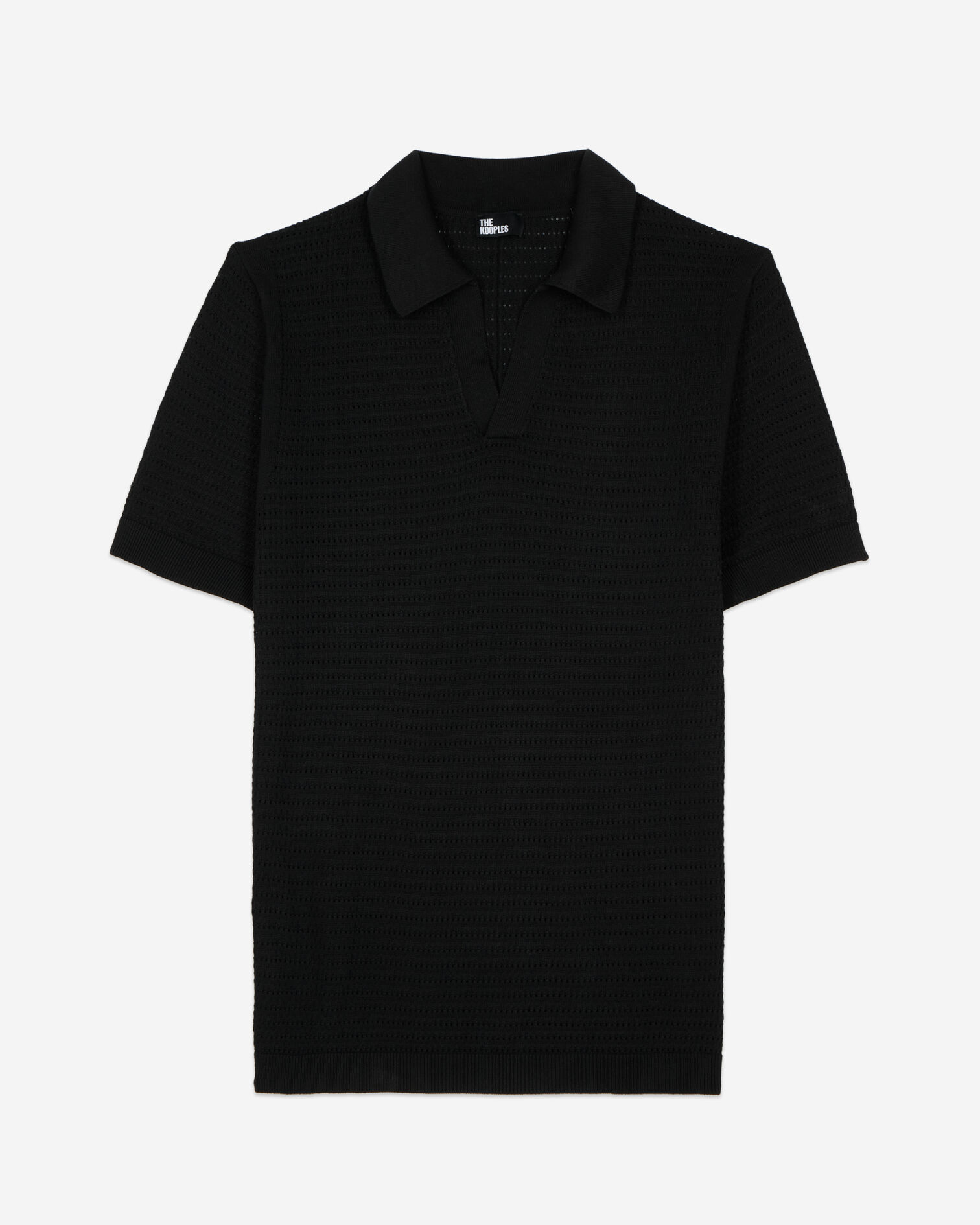 Black openwork knit polo t-shirt, BLACK, hi-res image number null