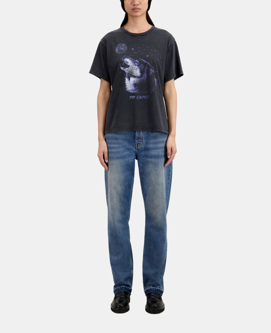 The Kooples FEMME BLACK WASHED t-shirt femme noir avec sérigraphie wolf