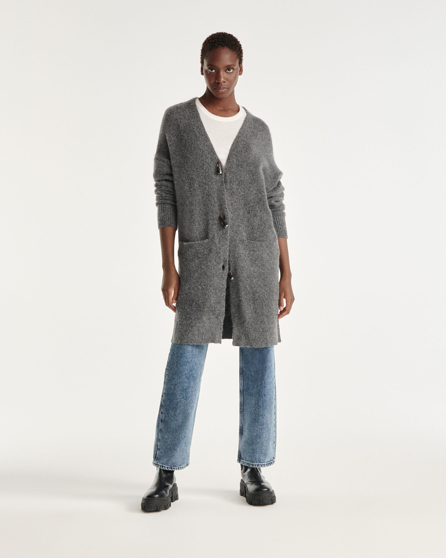 Long dark gray wool and alpaca cardigan, DARK GREY, hi-res image number null