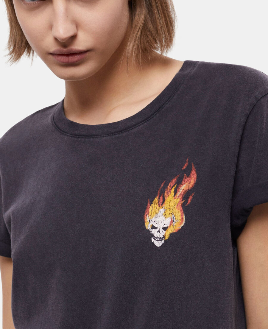 t-shirt femme noir sérigraphié skull on fire