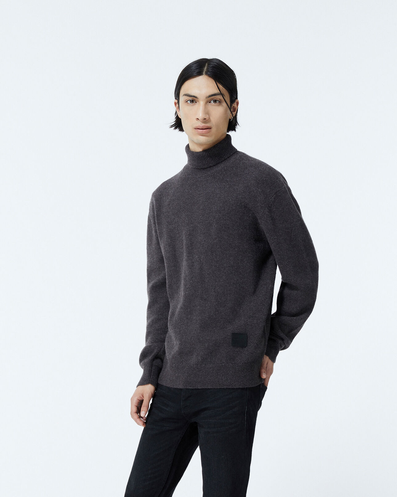 The Kooples MEN BROWN dark brown sweater in wool with turtleneck