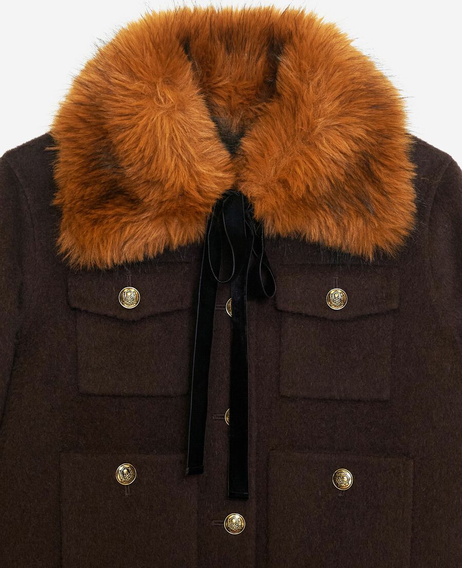 The Kooples FEMME CHOCOLATE blouson court en laine col sherpa marron