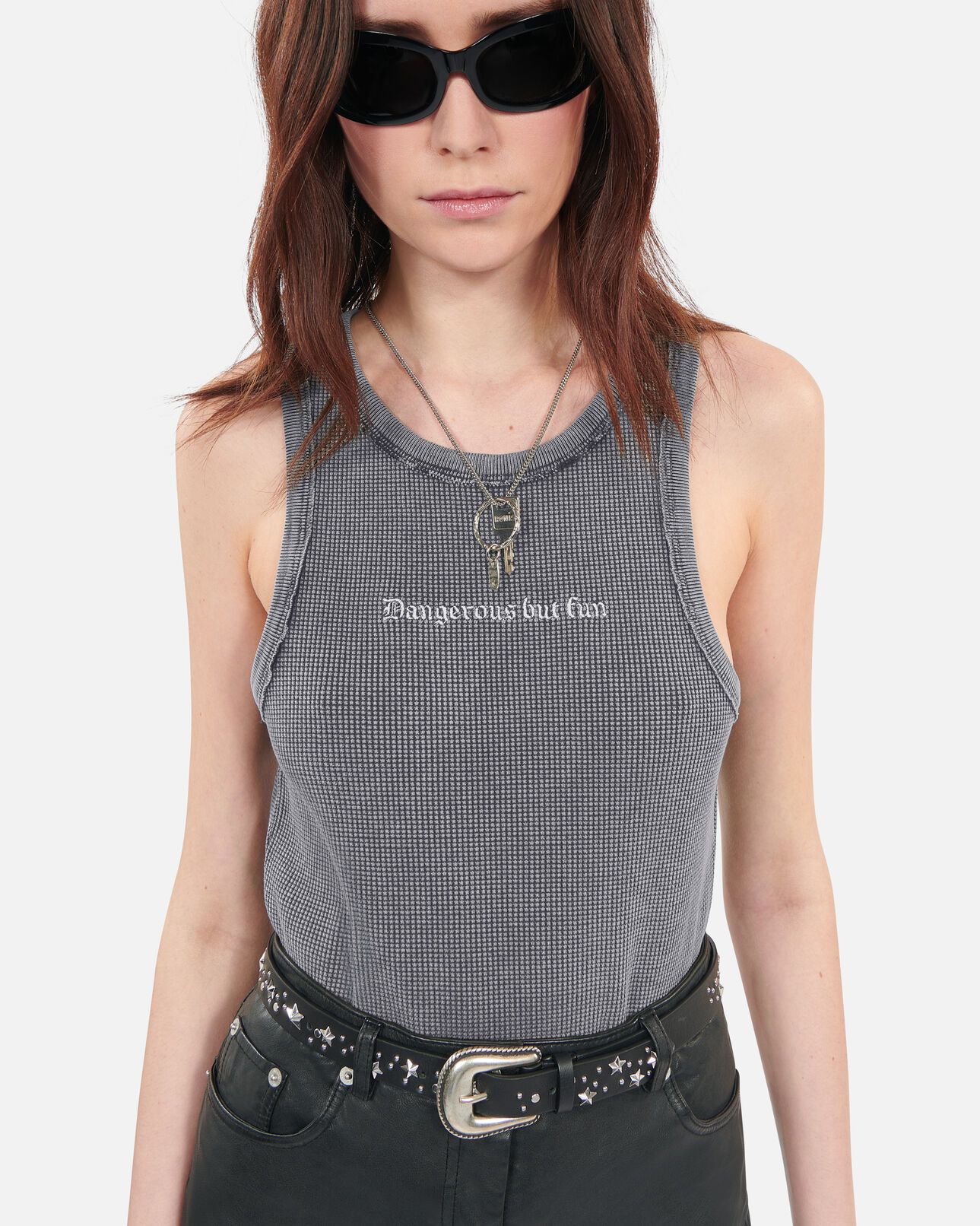 The Kooples WOMEN BLACK WASHED black tank top with dangerous but fun serigraphy