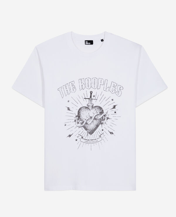 men's white t-shirt with dagger through heart serigraphy