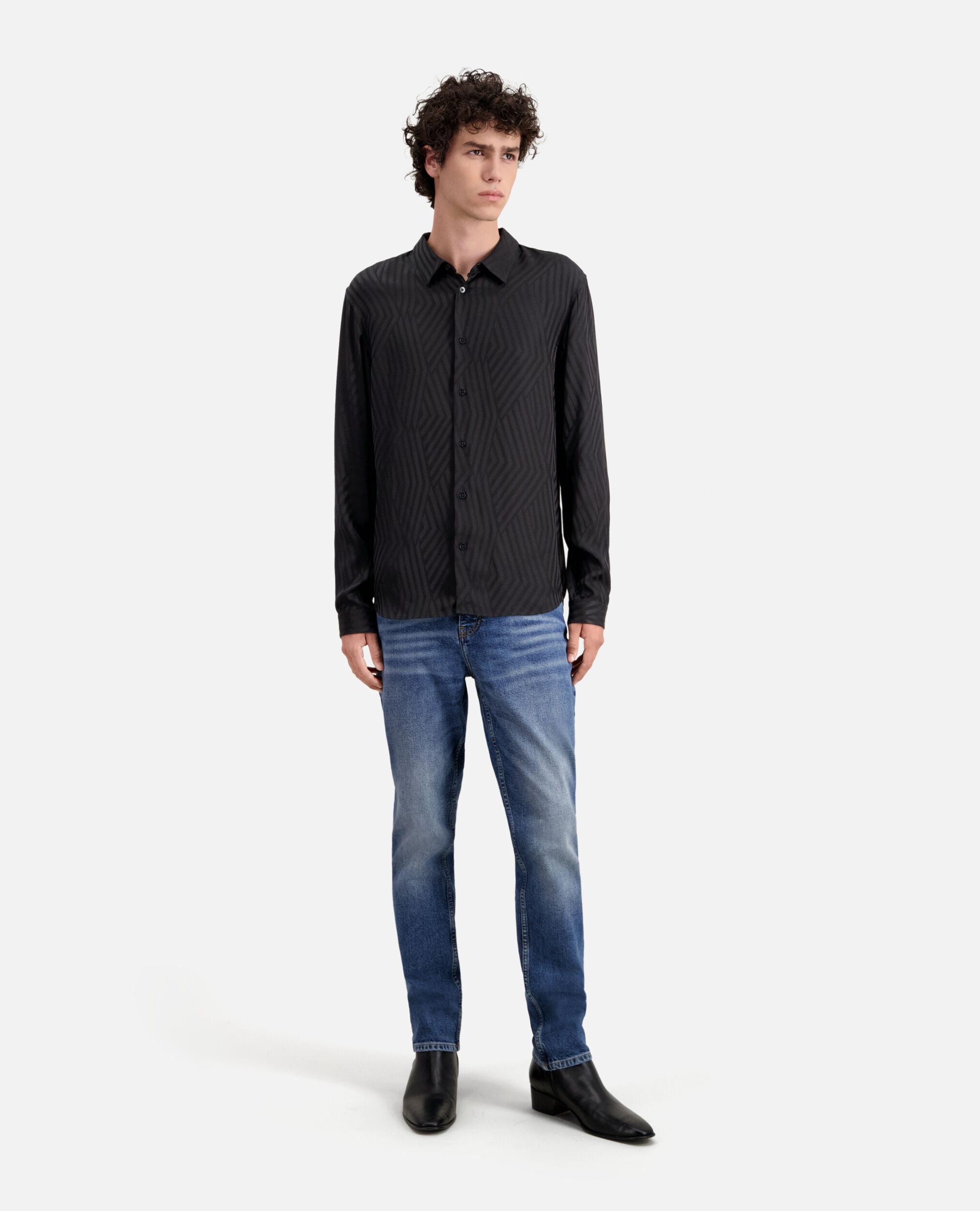 Camisa negra jacquard geométrica, BLACK, hi-res image number null