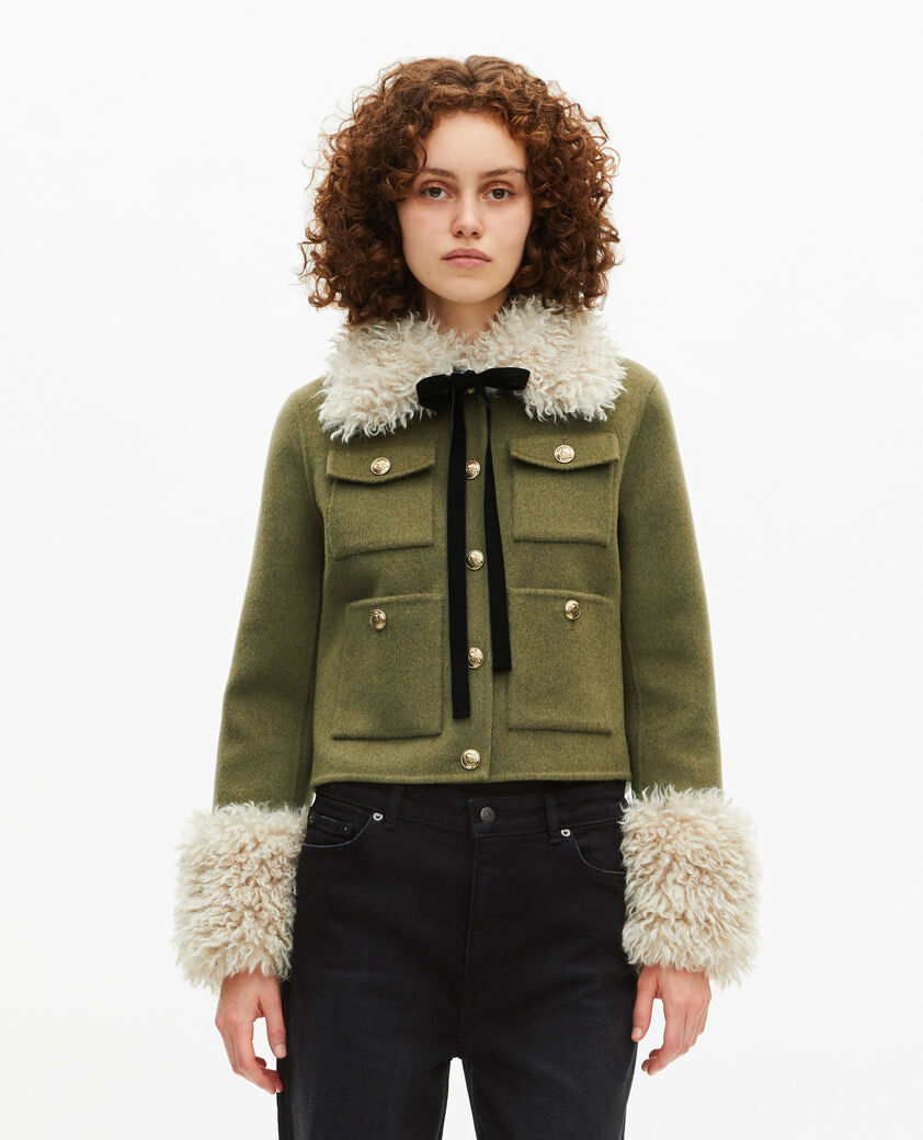 The Kooples FEMME KAKI blouson court en laine col sherpa kaki