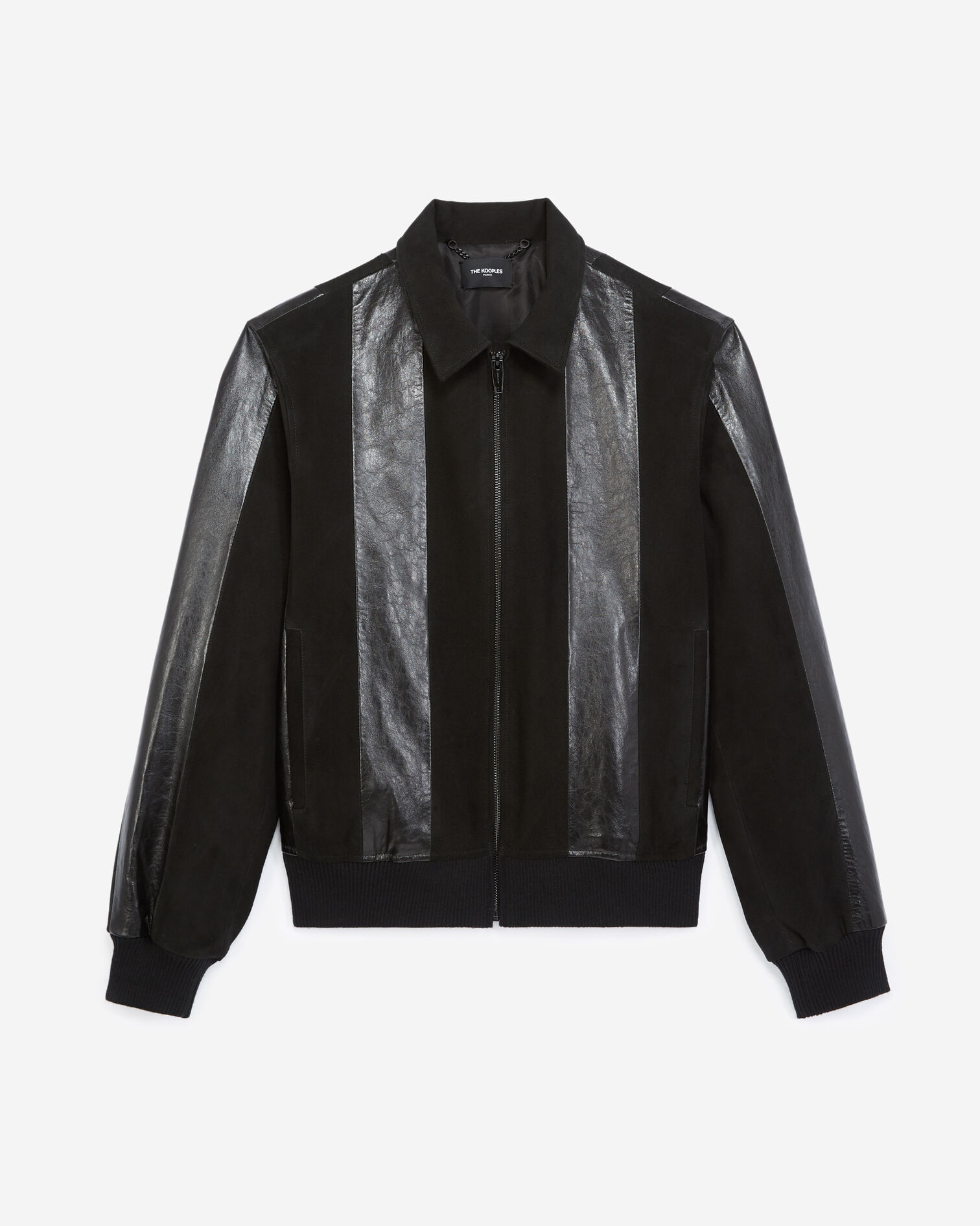 Black leather jacket with contrasting stripes, BLACK, hi-res image number null
