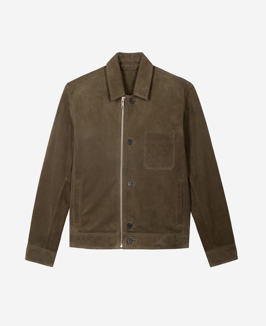 The Kooples H KAKI suede jacket with khaki offset zip
