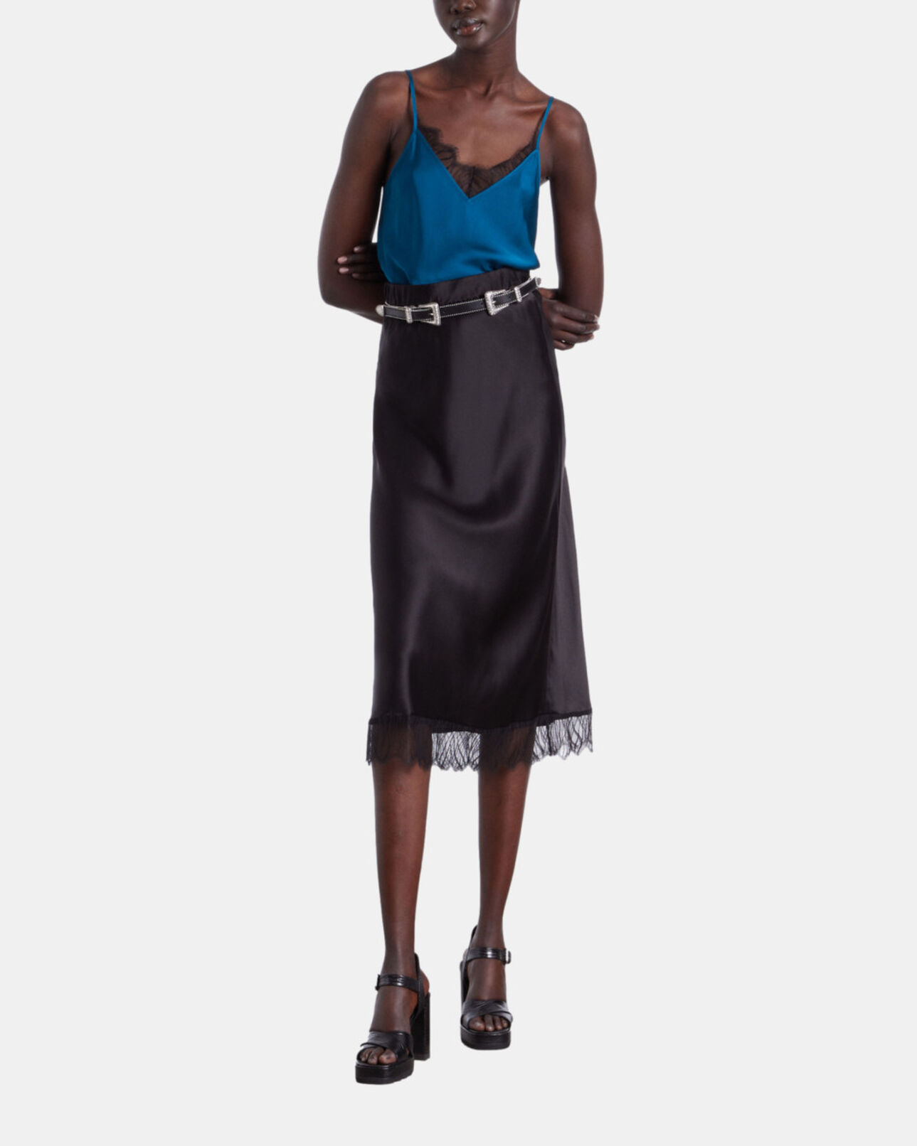 The Kooples FEMME BLACK ceinture en cuir noir avec double boucle western à strass