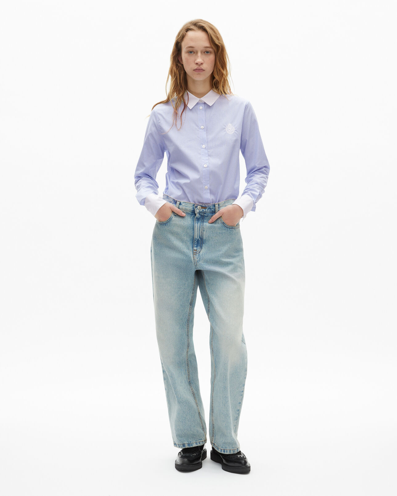 The Kooples WOMEN BLUE WHITE blue poplin striped shirt