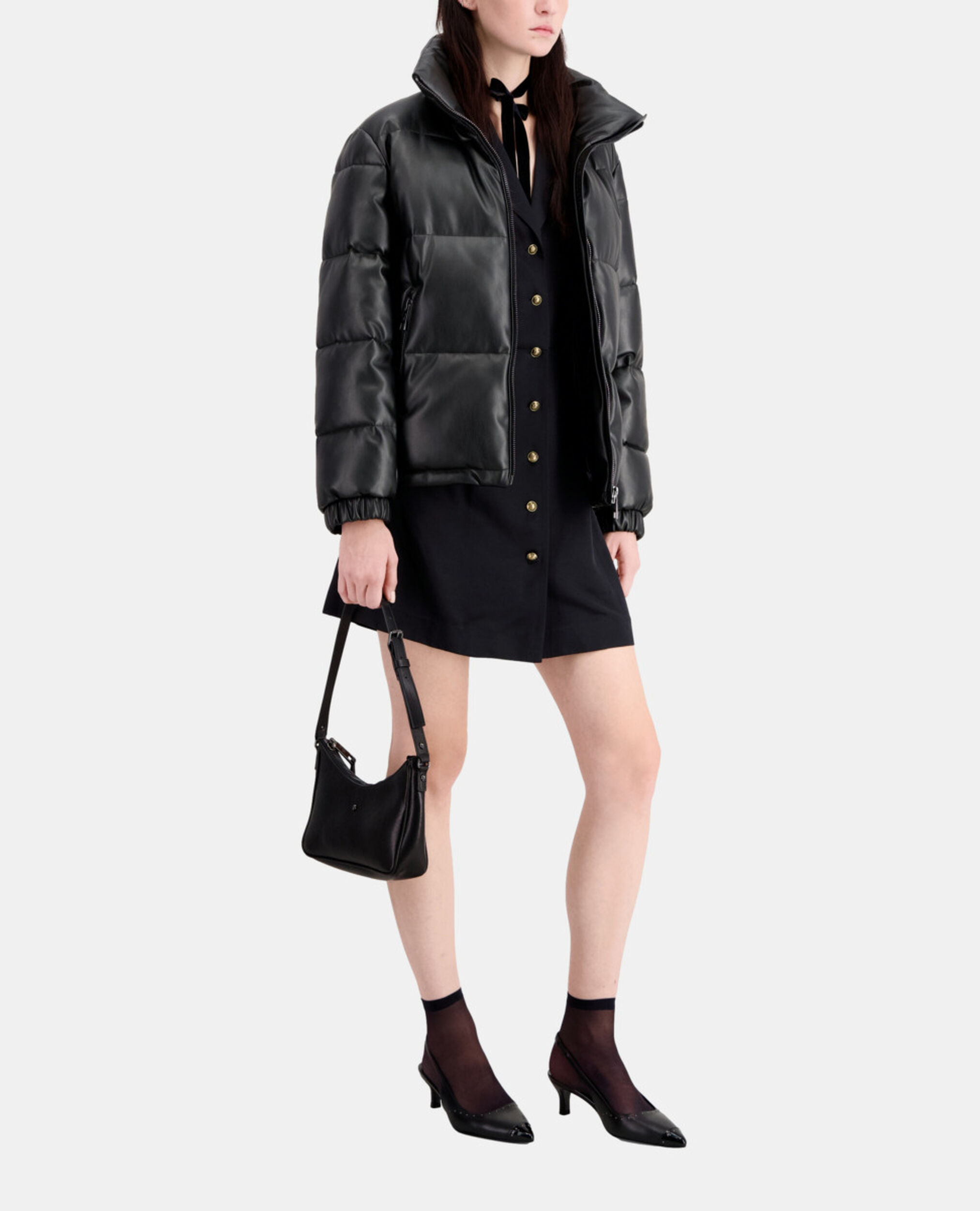 Black faux leather puffer jacket, BLACK, hi-res image number null