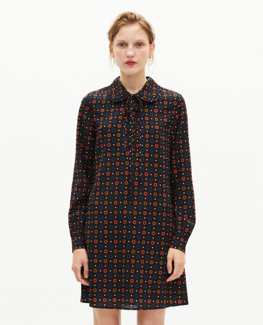 The Kooples WOMEN BLACK MELANGE black silk blend polka dot and floral print short dress