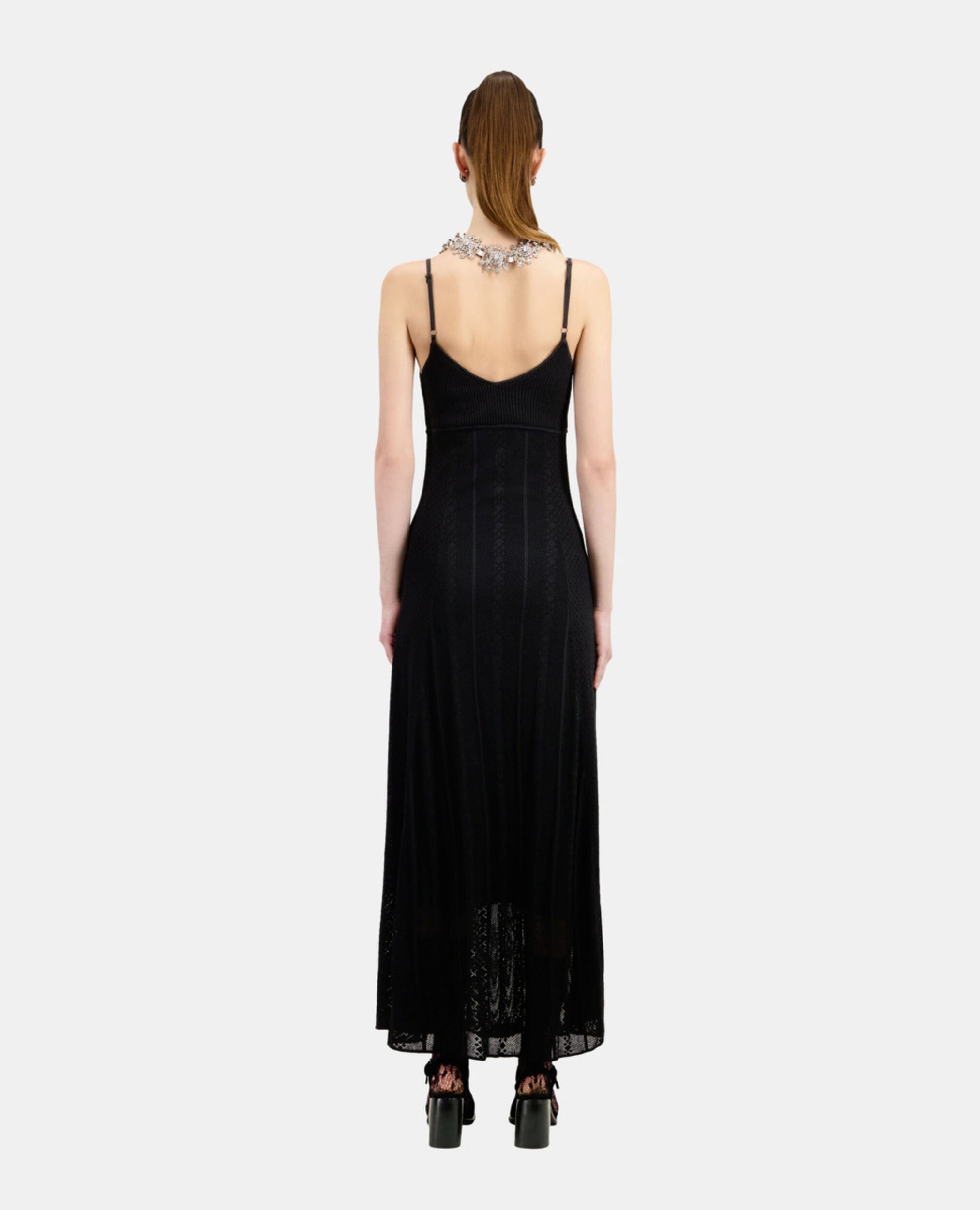 Long black openwork knit dress, BLACK, hi-res image number null