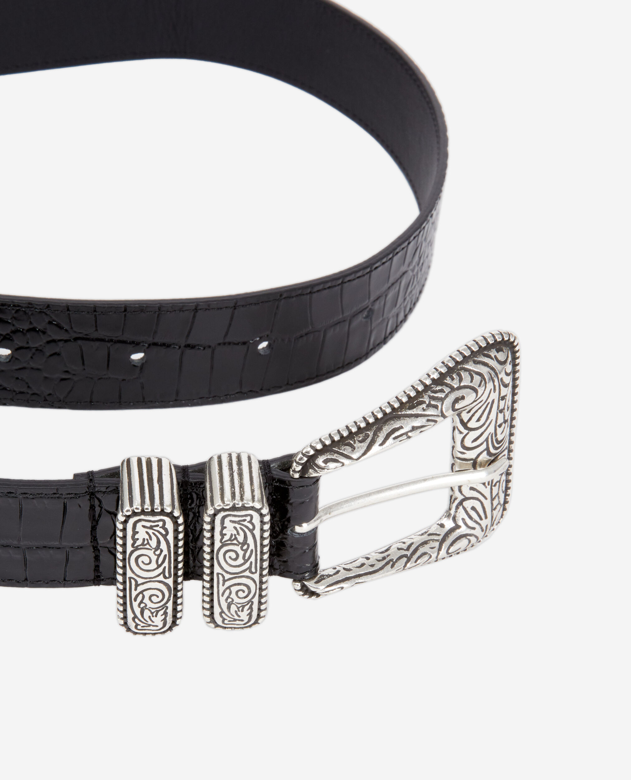 Black crocodile effect leather belt with Western buckle, BLACK, hi-res image number null