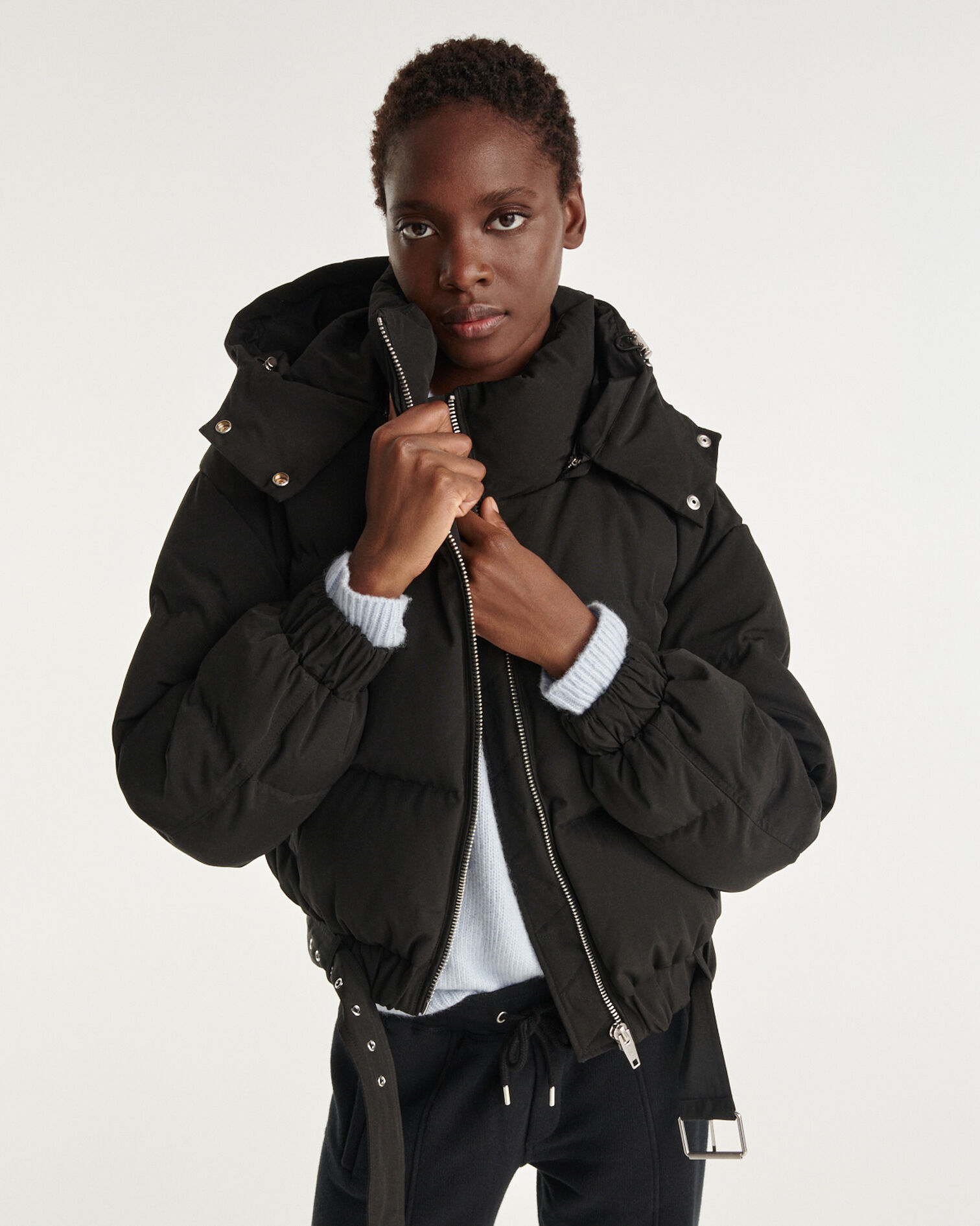 Short black down jacket with hood, BLACK, hi-res image number null