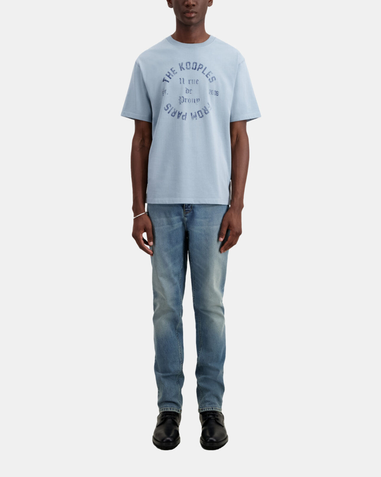The Kooples MEN BLUE GREY light blue t-shirt with 11 rue de prony serigraphy