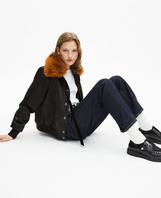 The Kooples FEMME BLACK blouson col fourrure satiné noir