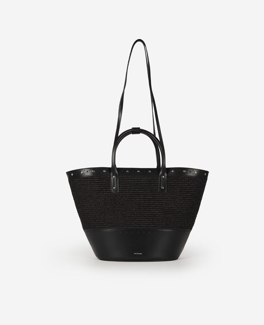 The Kooples FEMME BLACK sac cabas en cuir et raphia noir